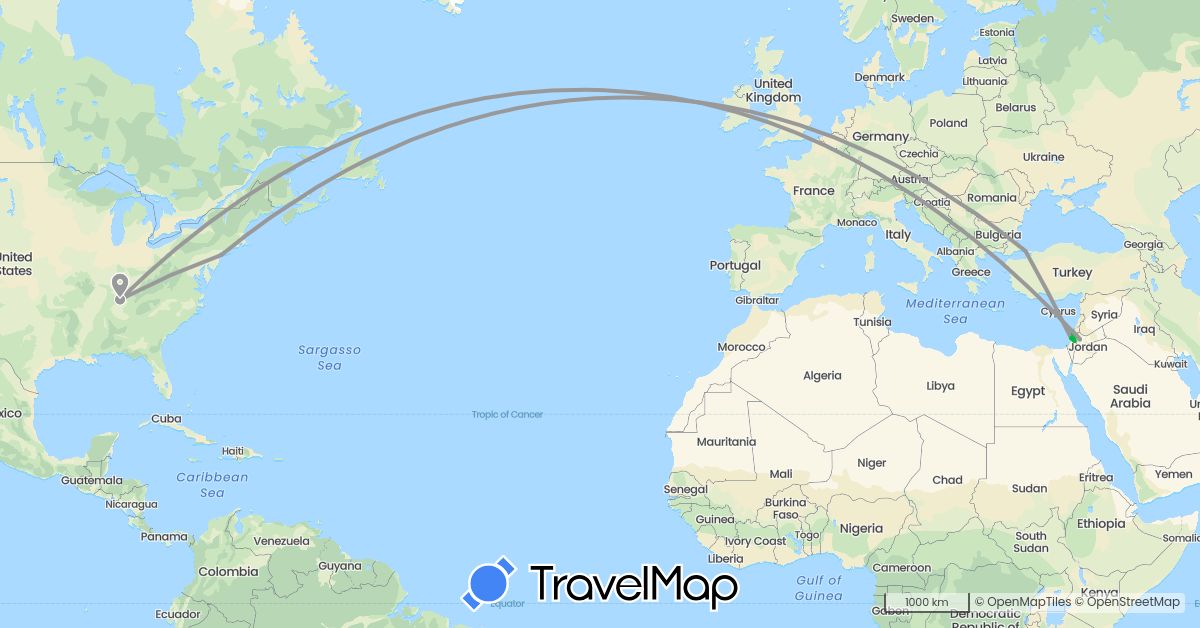 TravelMap itinerary: driving, bus, plane in Israel, Jordan, Turkey, United States (Asia, North America)